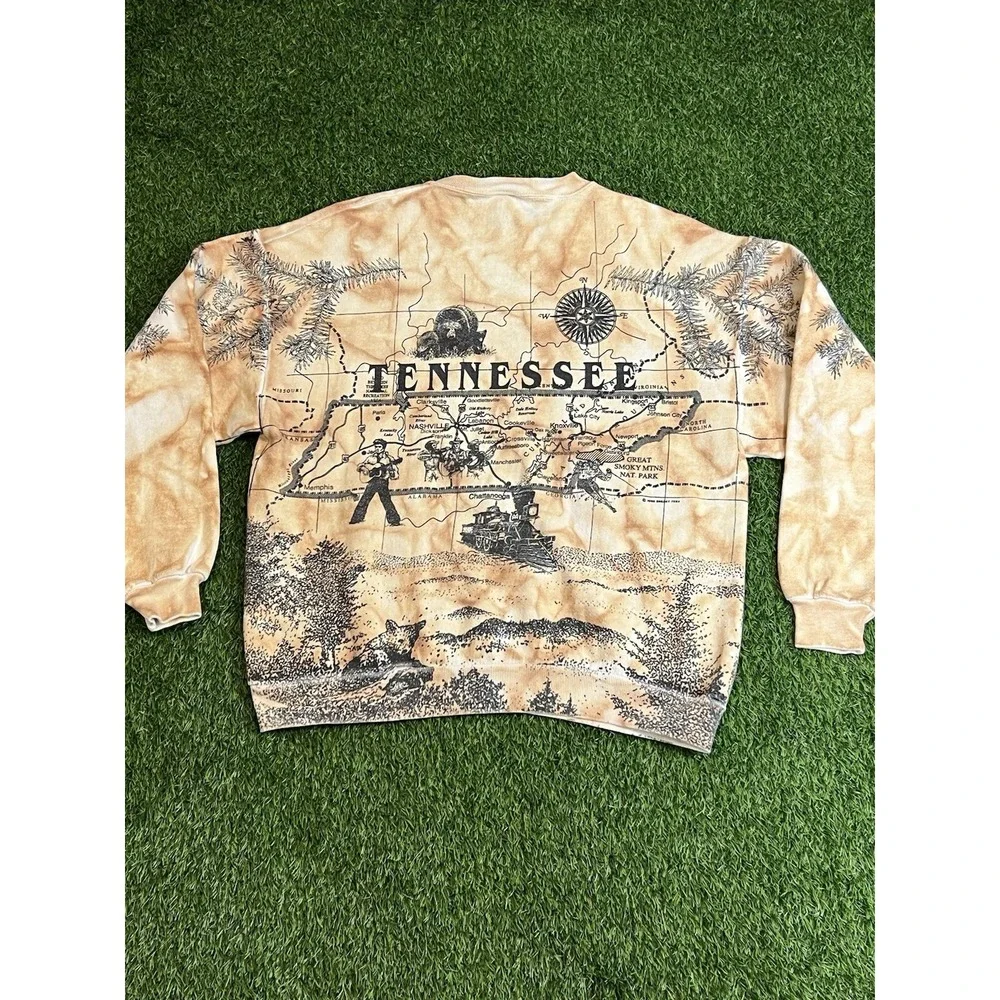 Vintage 90s Tennessee Crewneck Tie Dye All Over Print Map Elvis‎ 1992